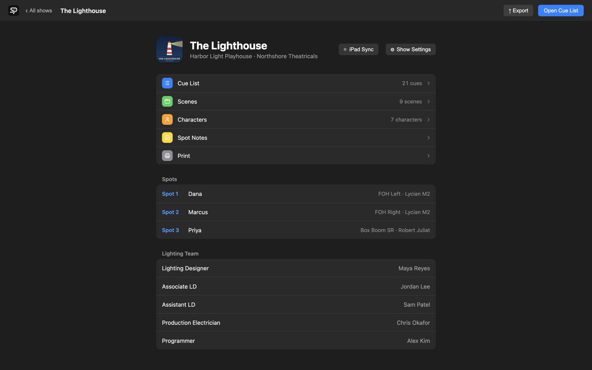 A show's dashboard in SpotPlot, listing the cue list, scenes, characters, spot notes and printing, with each spot's operator, position and fixture.